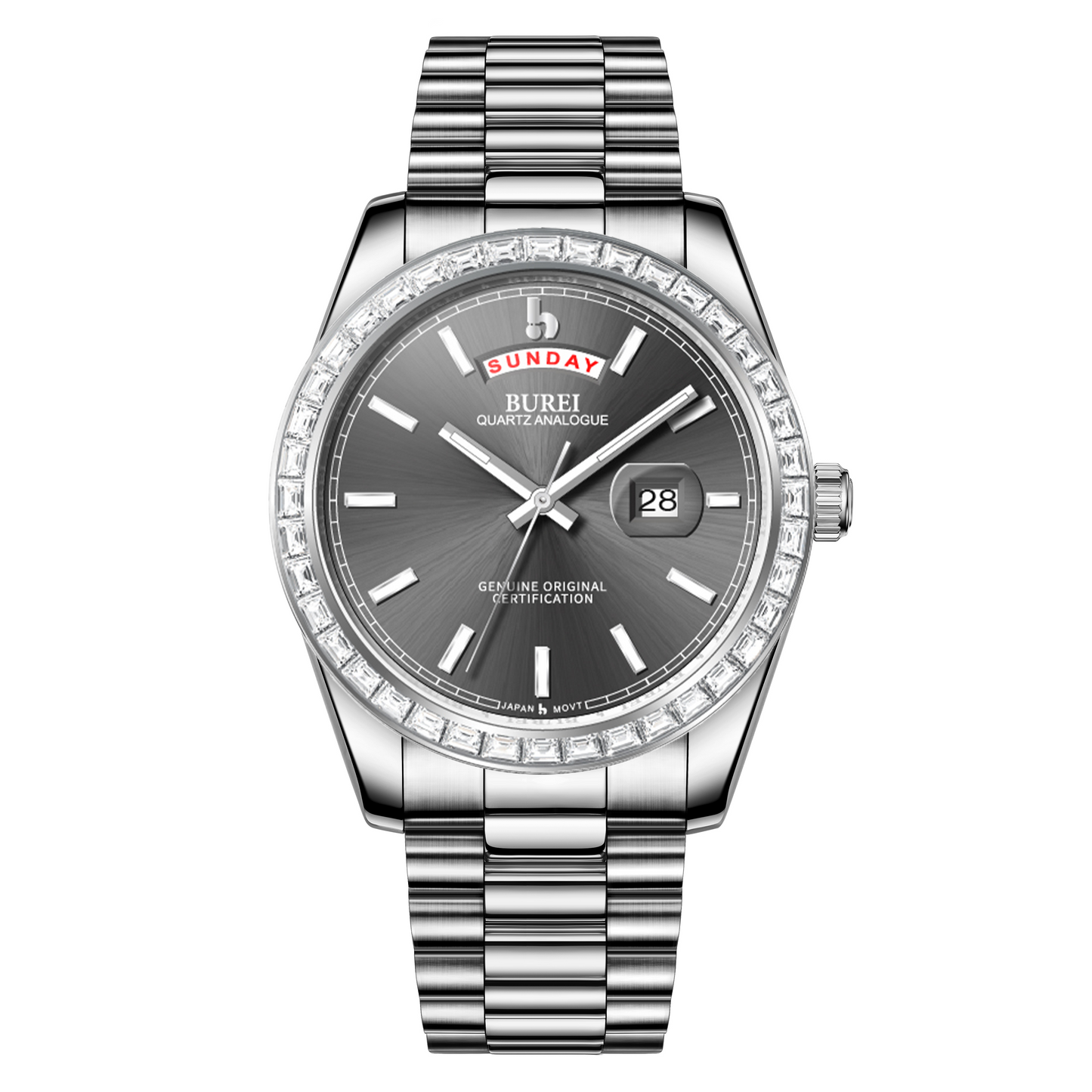 BUREI Mens Watch 41mm, Stainless Steel Analog Quartz, Waterproof with Calendar, Sapphire Crystal Dial, Business Casual Luxury Wristwatch