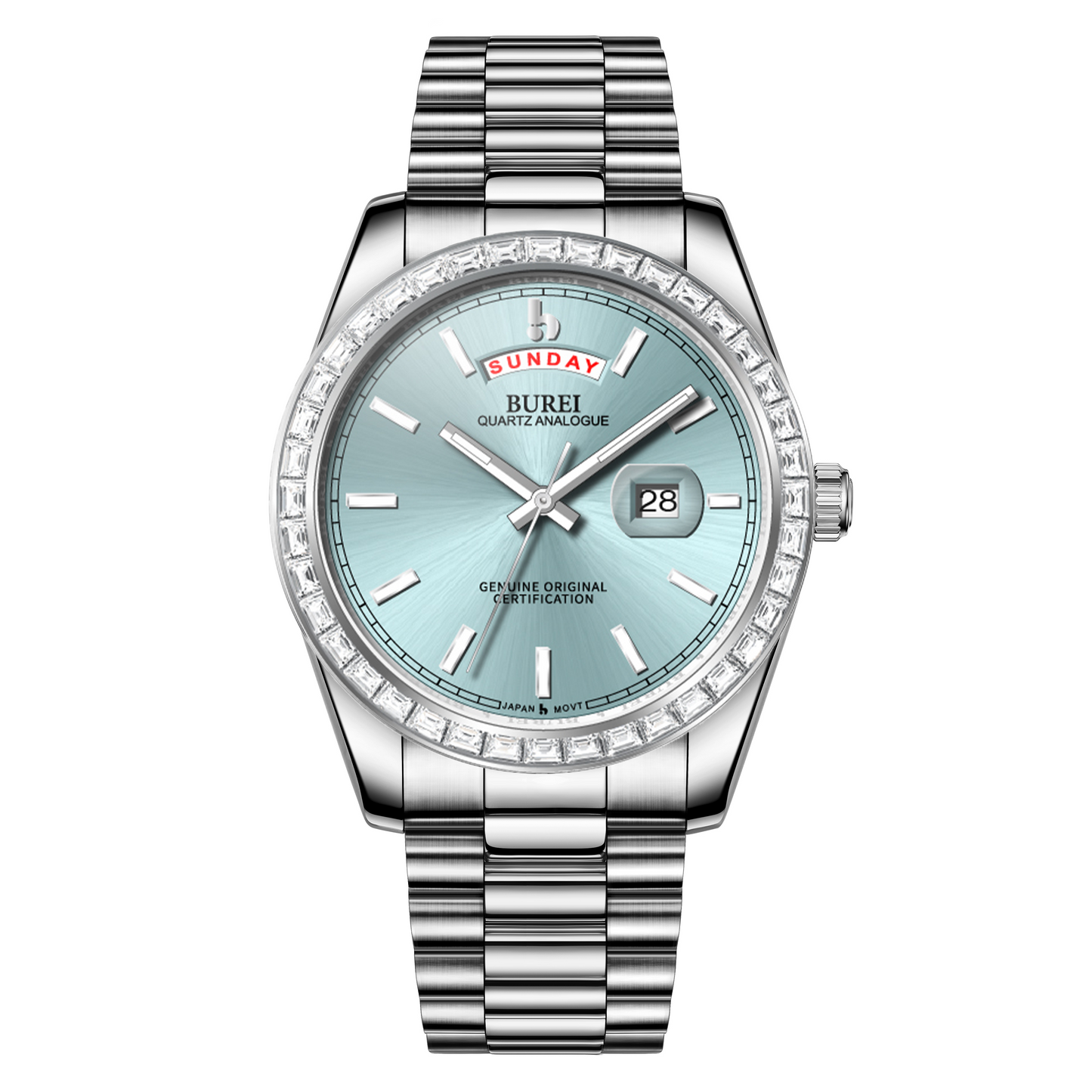 BUREI Mens Watch 41mm, Stainless Steel Analog Quartz, Waterproof with Calendar, Sapphire Crystal Dial, Business Casual Luxury Wristwatch