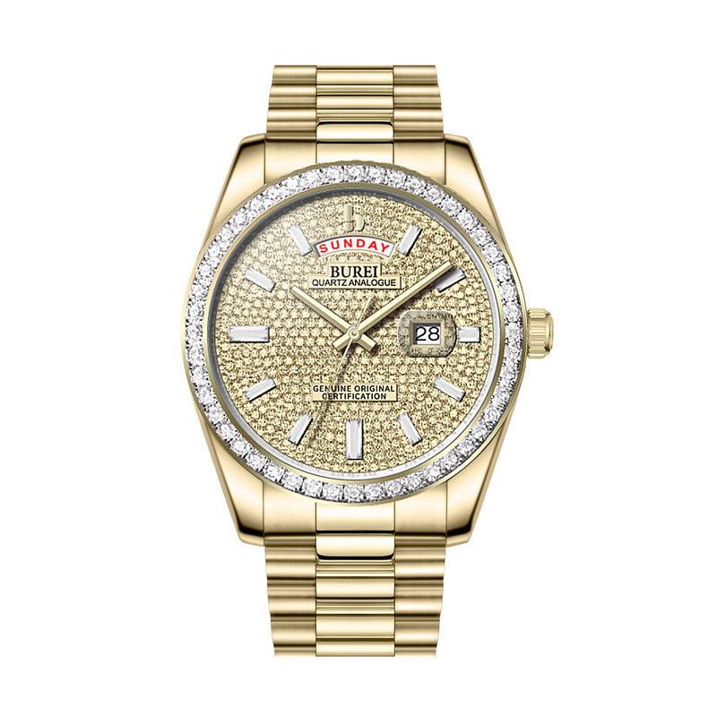 BUREI Mens Luxury Analog Quartz Watches Black Dial Date Display Sapphire Crystal Lens with Two Tones Stainless Steel Band