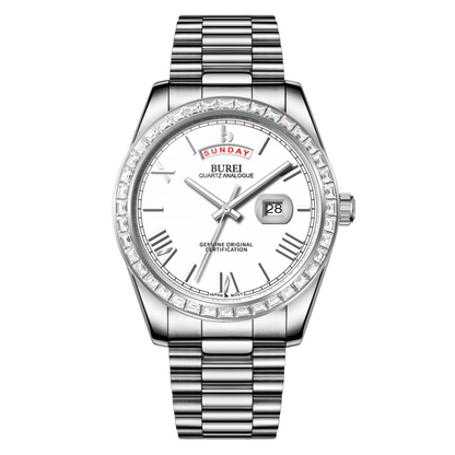 BUREI Mens Watch 41mm, Stainless Steel Analog Quartz, Waterproof with Calendar, Sapphire Crystal Dial, Business Casual Luxury Wristwatch