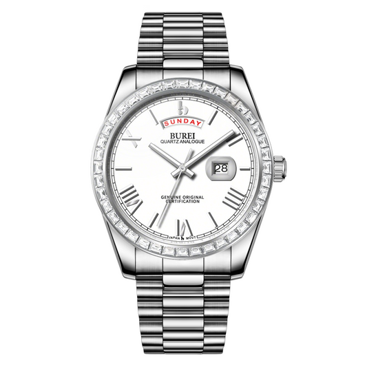 BUREI Mens Watch 41mm, Stainless Steel Analog Quartz, Waterproof with Calendar, Sapphire Crystal Dial, Business Casual Luxury Wristwatch