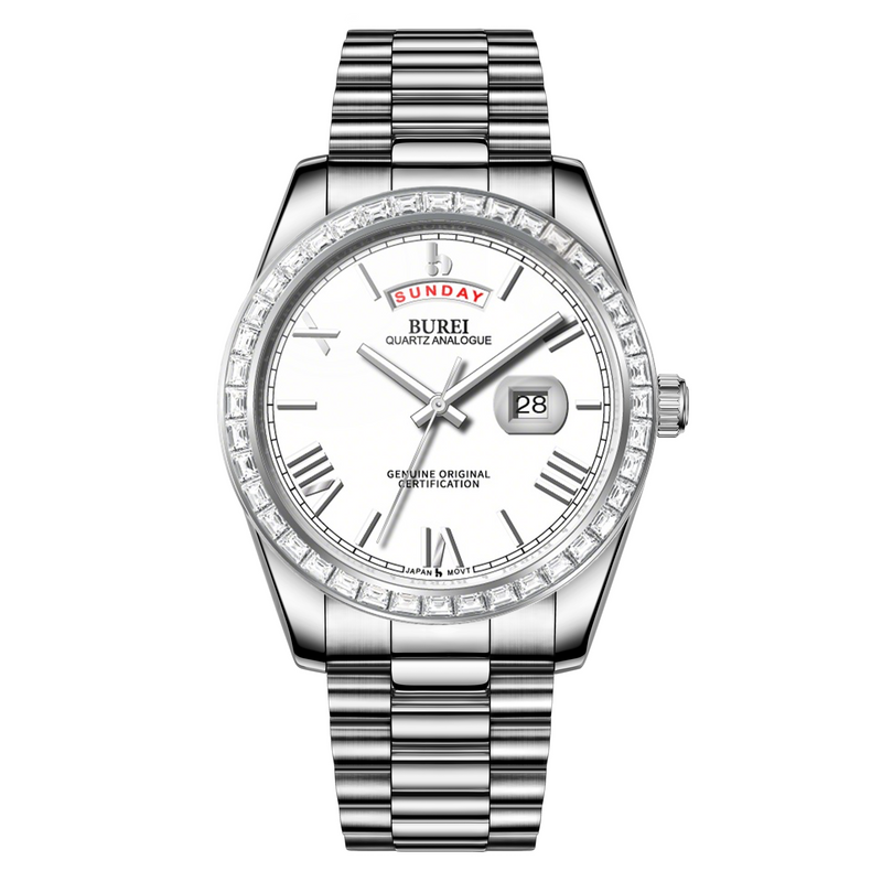 BUREI Mens Luxury Analog Quartz Watches Black Dial Date Display Sapphire Crystal Lens with Two Tones Stainless Steel Band