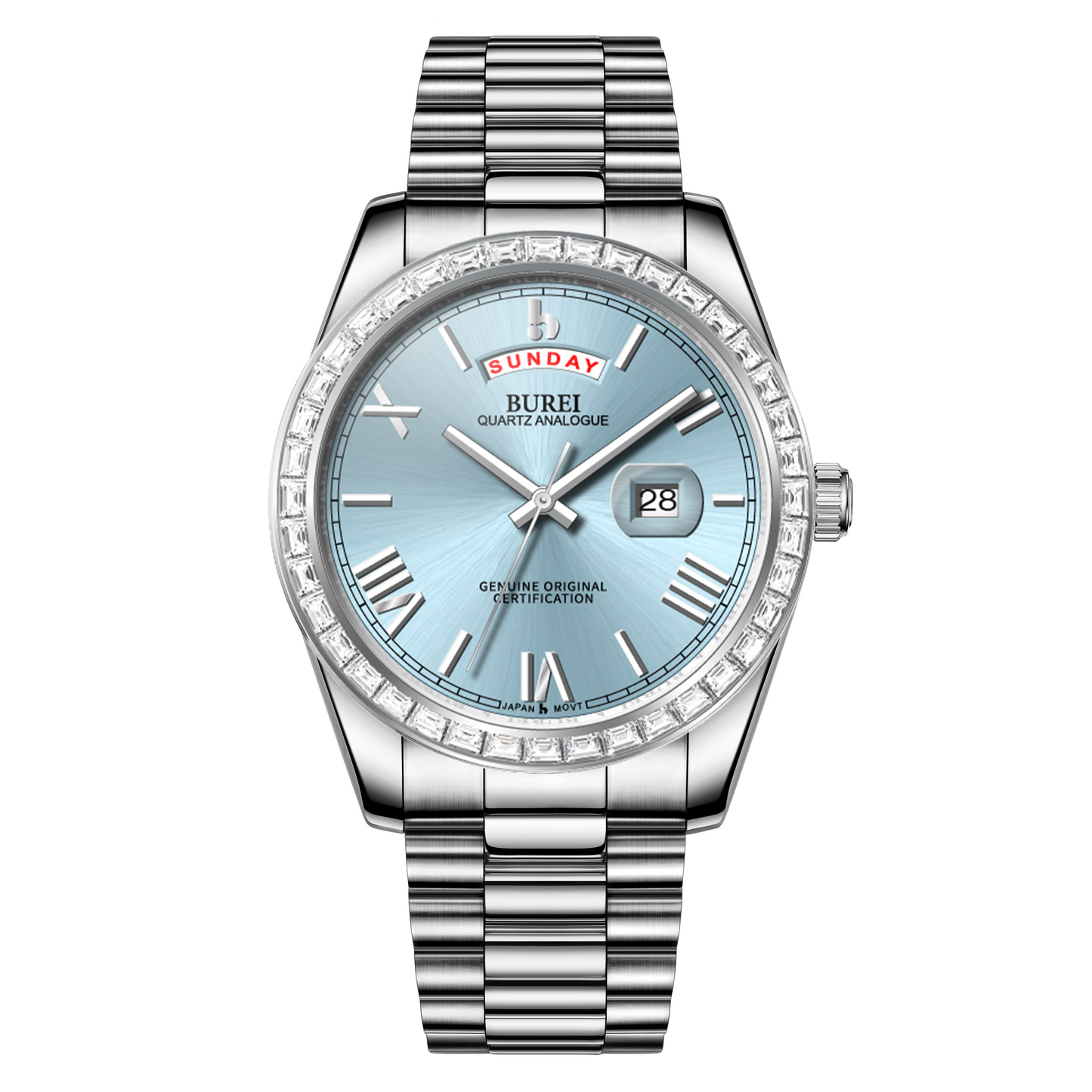BUREI Mens Watch 41mm, Stainless Steel Analog Quartz, Waterproof with Calendar, Sapphire Crystal Dial, Business Casual Luxury Wristwatch