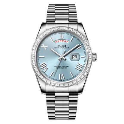 BUREI Mens Watch 41mm, Stainless Steel Analog Quartz, Waterproof with Calendar, Sapphire Crystal Dial, Business Casual Luxury Wristwatch