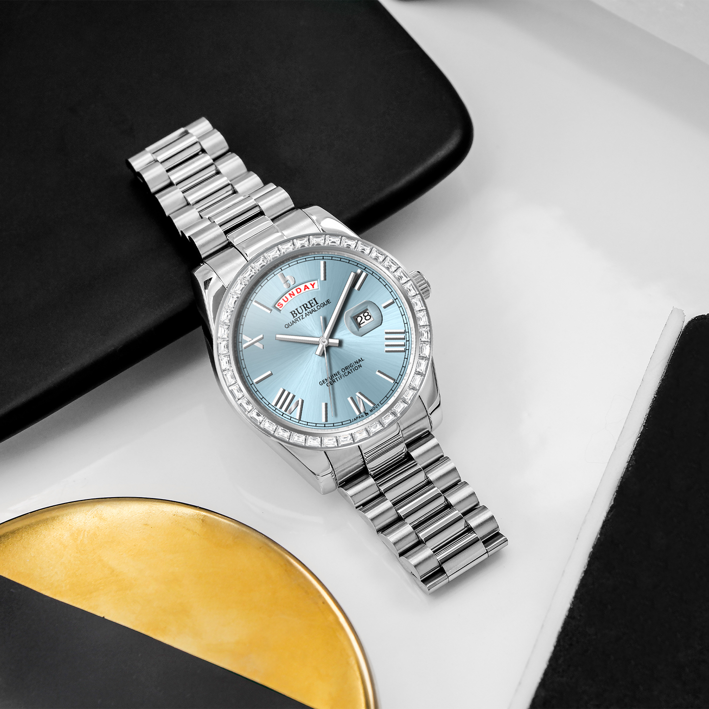 BUREI Mens Watch 41mm, Stainless Steel Analog Quartz, Waterproof with Calendar, Sapphire Crystal Dial, Business Casual Luxury Wristwatch