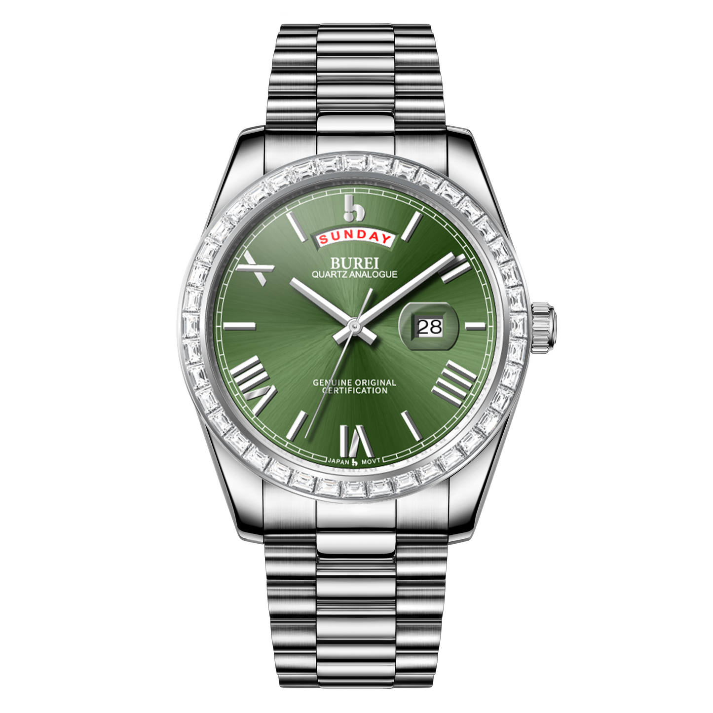 BUREI Mens Watch 41mm, Stainless Steel Analog Quartz, Waterproof with Calendar, Sapphire Crystal Dial, Business Casual Luxury Wristwatch