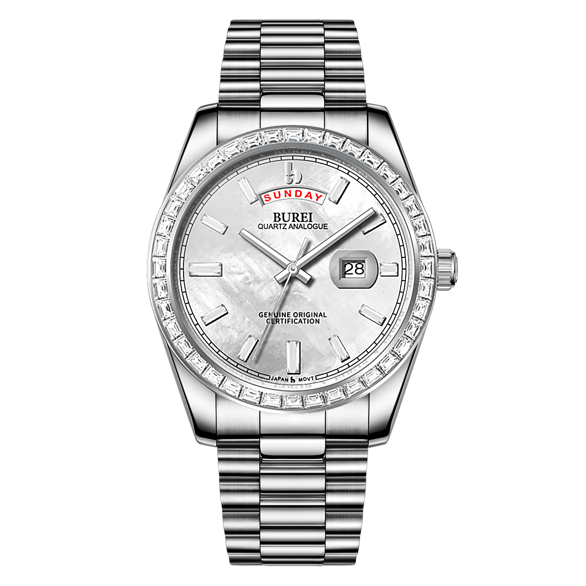 BUREI Mens Watch 41mm, Stainless Steel Analog Quartz, Waterproof with Calendar, Sapphire Crystal Dial, Business Casual Luxury Wristwatch