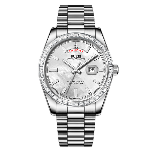 BUREI Mens Watch 41mm, Stainless Steel Analog Quartz, Waterproof with Calendar, Sapphire Crystal Dial, Business Casual Luxury Wristwatch