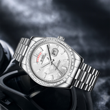 BUREI Mens Luxury Analog Quartz Watches Black Dial Date Display Sapphire Crystal Lens with Two Tones Stainless Steel Band