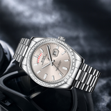 BUREI Mens Luxury Analog Quartz Watches Black Dial Date Display Sapphire Crystal Lens with Two Tones Stainless Steel Band