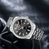 BUREI Mens Luxury Analog Quartz Watches Black Dial Date Display Sapphire Crystal Lens with Two Tones Stainless Steel Band