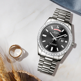 BUREI Mens Luxury Analog Quartz Watches Black Dial Date Display Sapphire Crystal Lens with Two Tones Stainless Steel Band