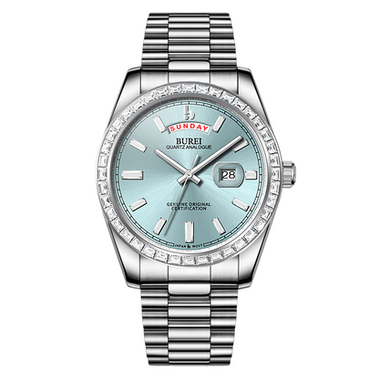 BUREI Mens Watch 41mm, Stainless Steel Analog Quartz, Waterproof with Calendar, Sapphire Crystal Dial, Business Casual Luxury Wristwatch