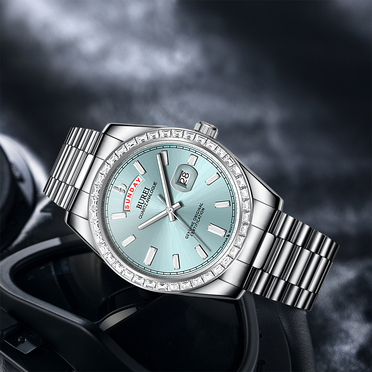 BUREI Mens Watch 41mm, Stainless Steel Analog Quartz, Waterproof with Calendar, Sapphire Crystal Dial, Business Casual Luxury Wristwatch