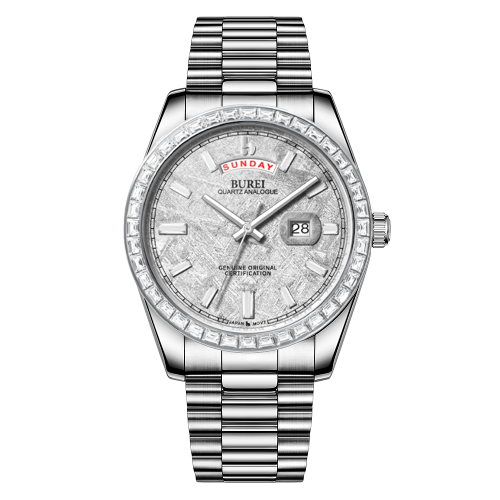 BUREI Mens Watch 41mm, Stainless Steel Analog Quartz, Waterproof with Calendar, Sapphire Crystal Dial, Business Casual Luxury Wristwatch