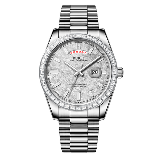 BUREI Mens Watch 41mm, Stainless Steel Analog Quartz, Waterproof with Calendar, Sapphire Crystal Dial, Business Casual Luxury Wristwatch