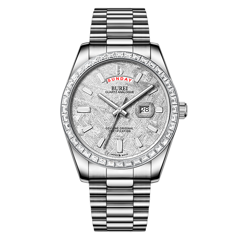 BUREI Mens Luxury Analog Quartz Watches Black Dial Date Display Sapphire Crystal Lens with Two Tones Stainless Steel Band