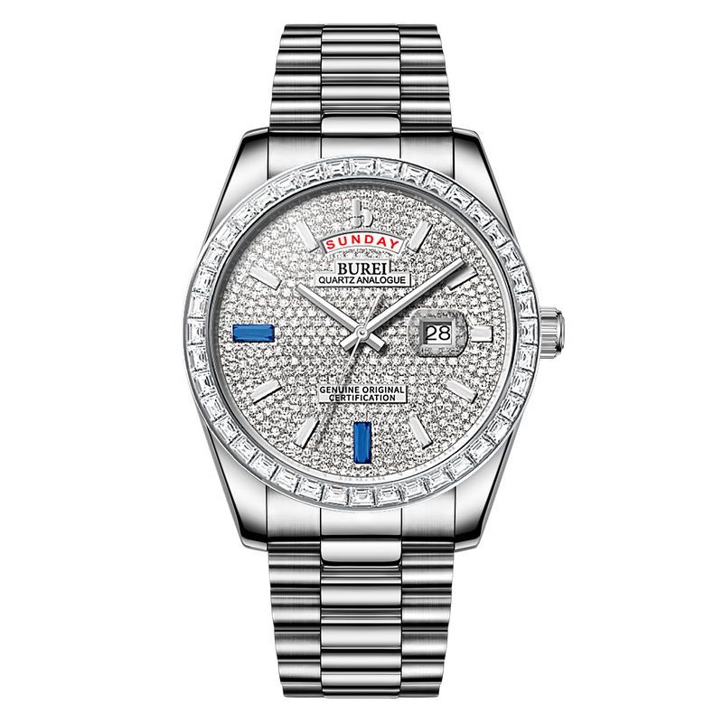 BUREI Mens Luxury Analog Quartz Watches Black Dial Date Display Sapphire Crystal Lens with Two Tones Stainless Steel Band