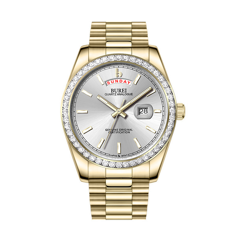 BUREI Mens Luxury Analog Quartz Watches Black Dial Date Display Sapphire Crystal Lens with Two Tones Stainless Steel Band