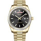 BUREI Mens Luxury Analog Quartz Watches Black Dial Date Display Sapphire Crystal Lens with Two Tones Stainless Steel Band