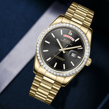 BUREI Mens Luxury Analog Quartz Watches Black Dial Date Display Sapphire Crystal Lens with Two Tones Stainless Steel Band