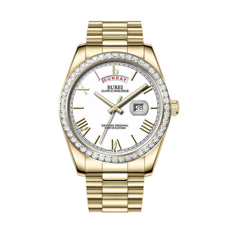 BUREI Mens Luxury Analog Quartz Watches Black Dial Date Display Sapphire Crystal Lens with Two Tones Stainless Steel Band