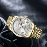 BUREI Mens Luxury Analog Quartz Watches Black Dial Date Display Sapphire Crystal Lens with Two Tones Stainless Steel Band