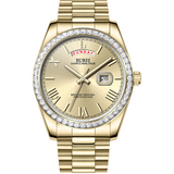 BUREI Mens Luxury Analog Quartz Watches Black Dial Date Display Sapphire Crystal Lens with Two Tones Stainless Steel Band