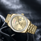 BUREI Mens Luxury Analog Quartz Watches Black Dial Date Display Sapphire Crystal Lens with Two Tones Stainless Steel Band