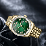 BUREI Mens Luxury Analog Quartz Watches Black Dial Date Display Sapphire Crystal Lens with Two Tones Stainless Steel Band