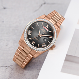 BUREI Mens Luxury Analog Quartz Watches Black Dial Date Display Sapphire Crystal Lens with Two Tones Stainless Steel Band