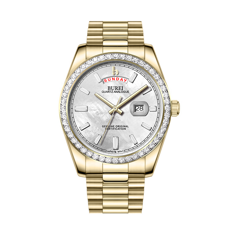 BUREI Mens Luxury Analog Quartz Watches Black Dial Date Display Sapphire Crystal Lens with Two Tones Stainless Steel Band