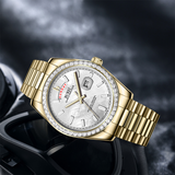 BUREI Mens Luxury Analog Quartz Watches Black Dial Date Display Sapphire Crystal Lens with Two Tones Stainless Steel Band