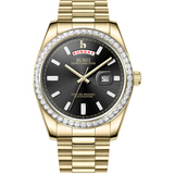 BUREI Mens Luxury Analog Quartz Watches Black Dial Date Display Sapphire Crystal Lens with Two Tones Stainless Steel Band