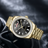 BUREI Mens Luxury Analog Quartz Watches Black Dial Date Display Sapphire Crystal Lens with Two Tones Stainless Steel Band