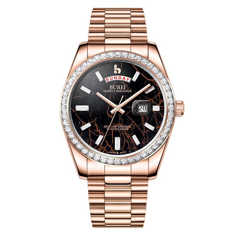 BUREI Mens Luxury Analog Quartz Watches Black Dial Date Display Sapphire Crystal Lens with Two Tones Stainless Steel Band