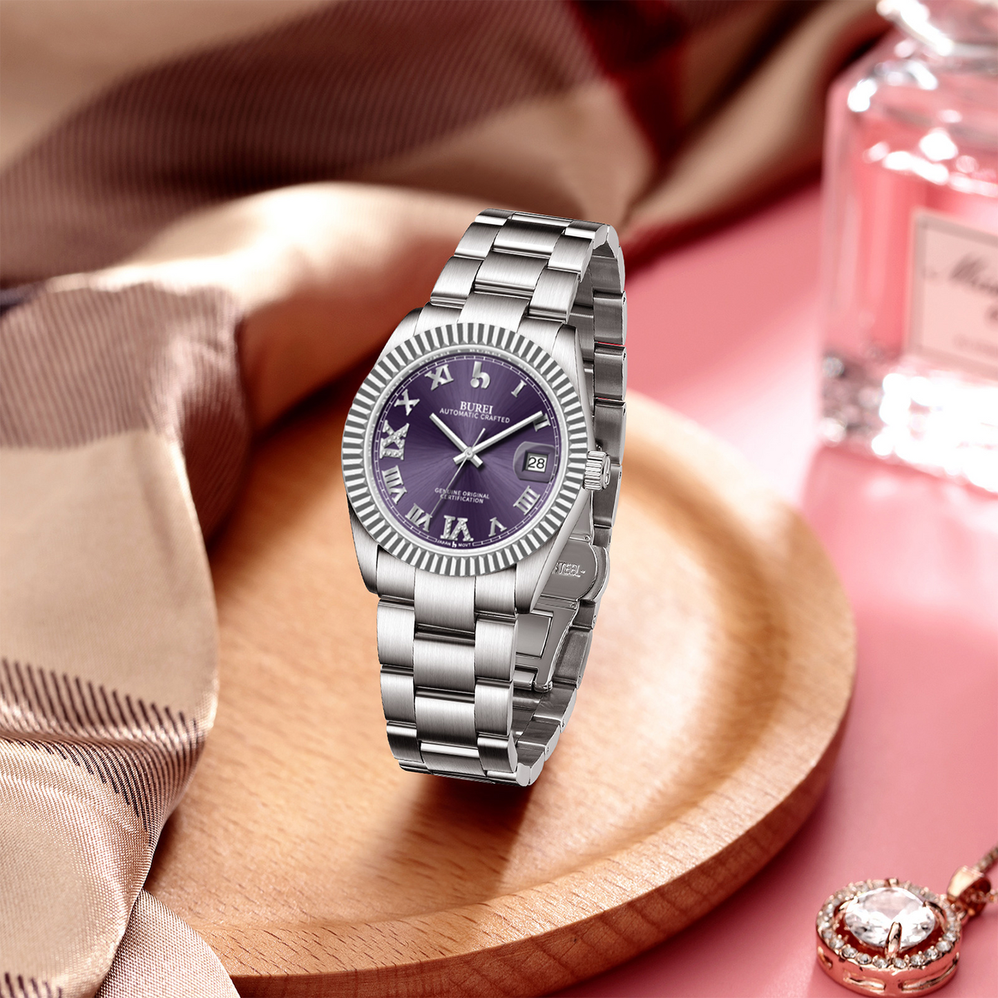 BUREI  Luxury Automatic Watch 36mm, Fashion Waterproof Mechanical Watch, Adjustable Stainless Steel Two Tone Strap