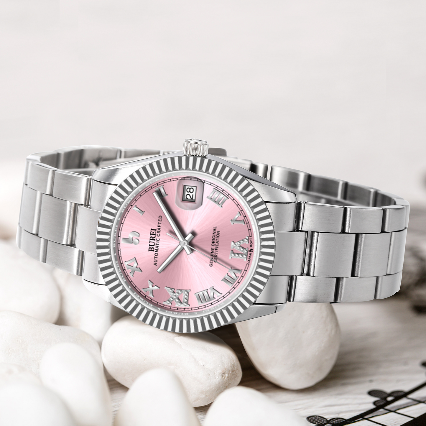 BUREI  Luxury Automatic Watch 36mm, Fashion Waterproof Mechanical Watch, Adjustable Stainless Steel Two Tone Strap