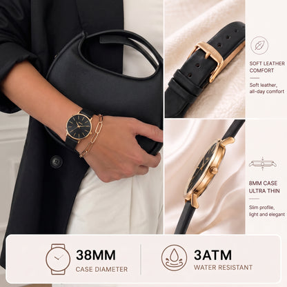 BUREL Women's Minimalist Large Face Leather Watch