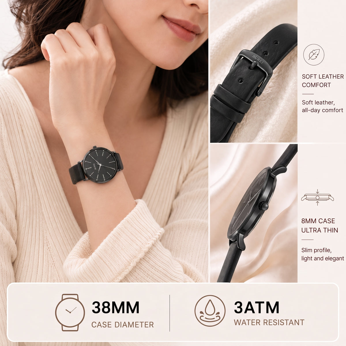 BUREL Women's Minimalist Large Face Leather Watch