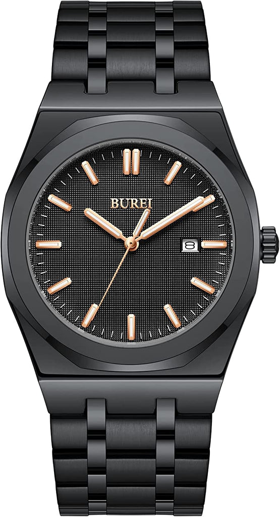 BUREI Men's 41mm Watch Stainless Steel Watch Analog Quartz Waterproof Watch with Date Business Casual Fashion Wrist Watches for Men