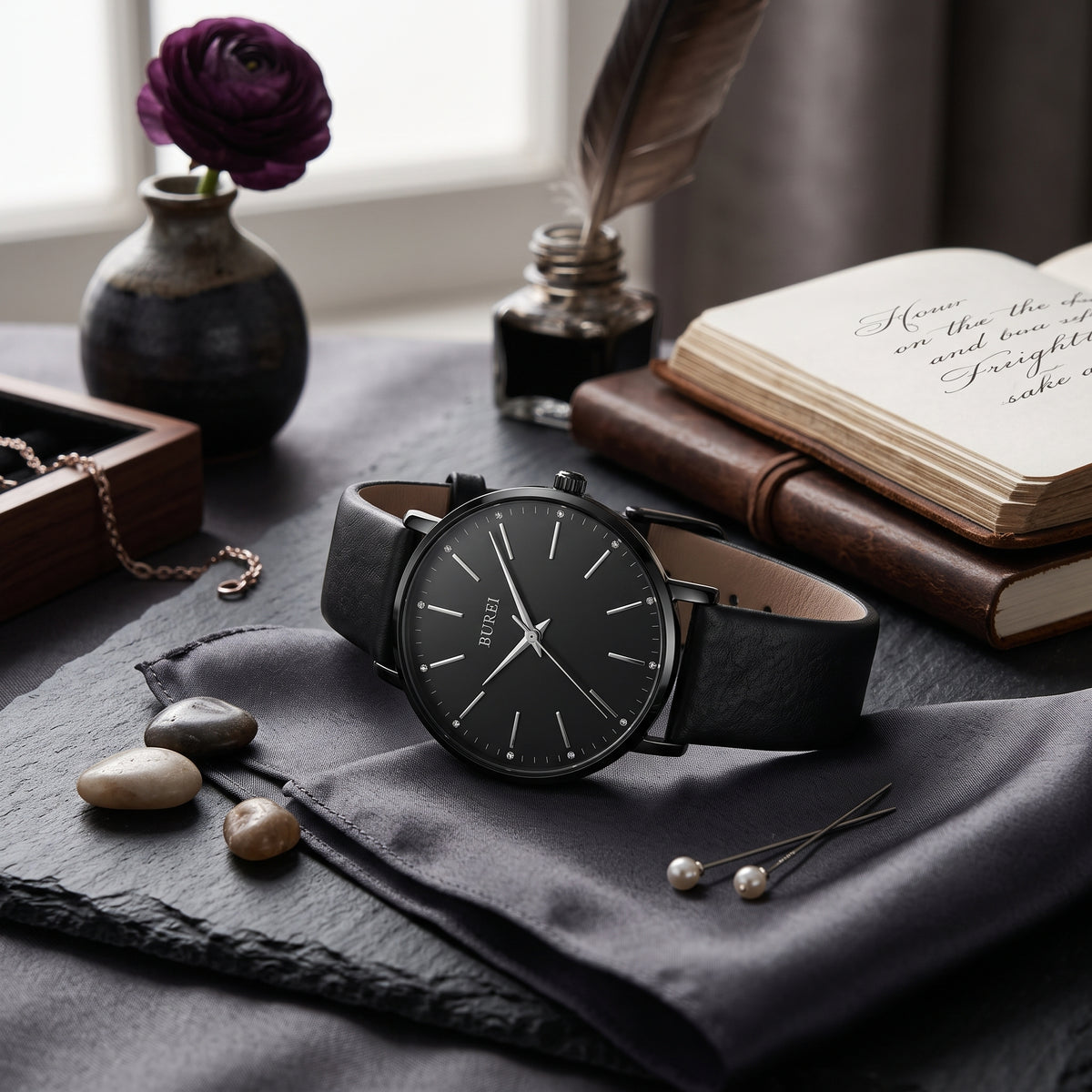 BUREL Women's Minimalist Large Face Leather Watch