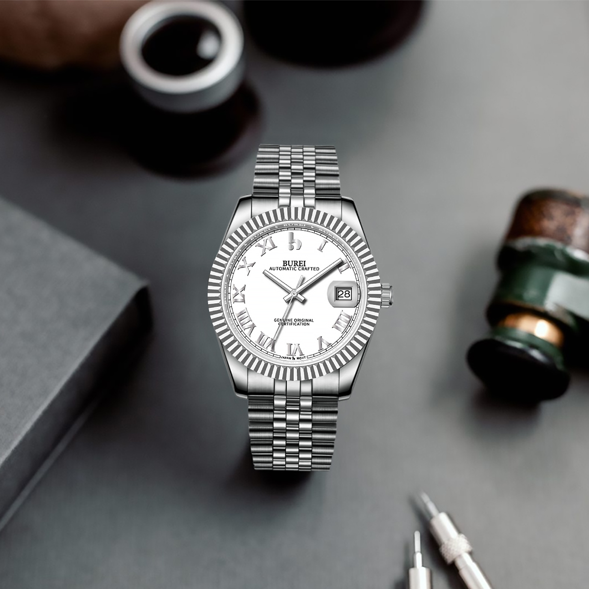 BUREI Luxury Automatic Watch 36mm, Fashion Waterproof Mechanical Watch, Adjustable Stainless Steel Two Tone Strap