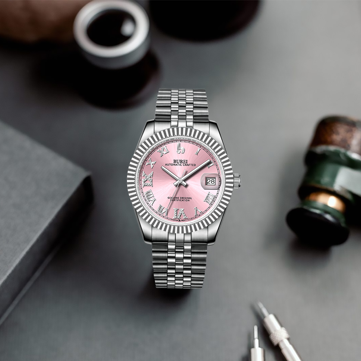 BUREI Luxury Automatic Watch 36mm, Fashion Waterproof Mechanical Watch, Adjustable Stainless Steel Two Tone Strap