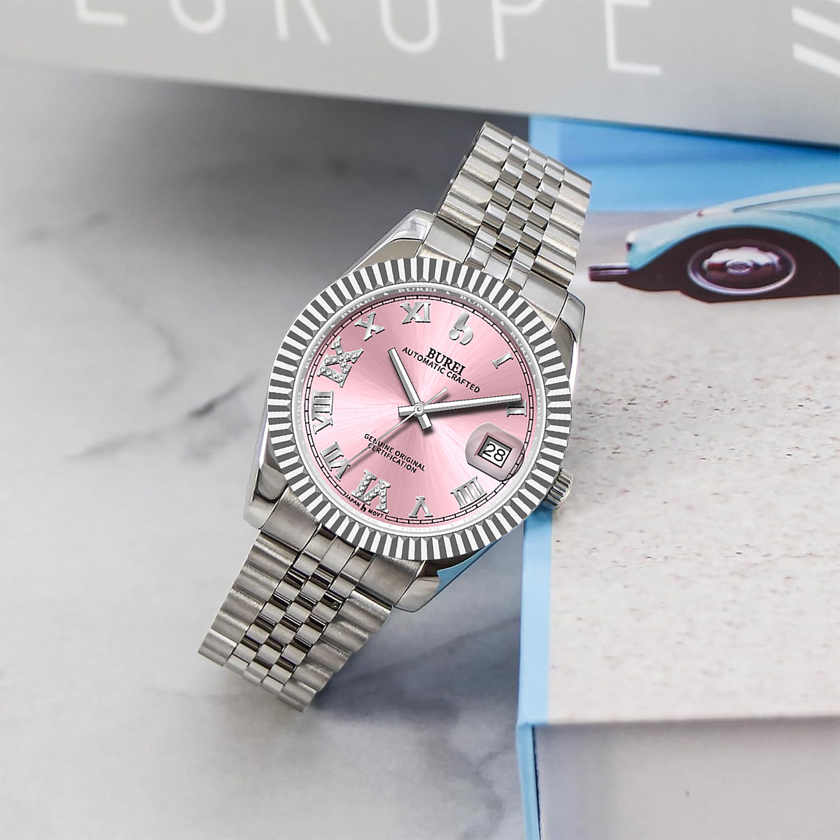 BUREI Luxury Automatic Watch 36mm, Fashion Waterproof Mechanical Watch, Adjustable Stainless Steel Two Tone Strap