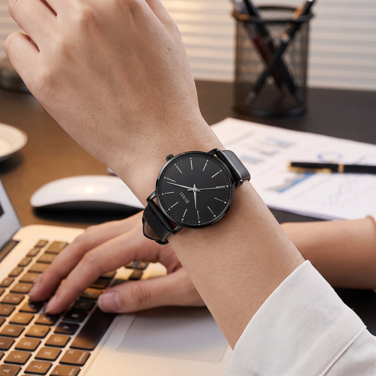 BUREL Women's Minimalist Large Face Leather Watch