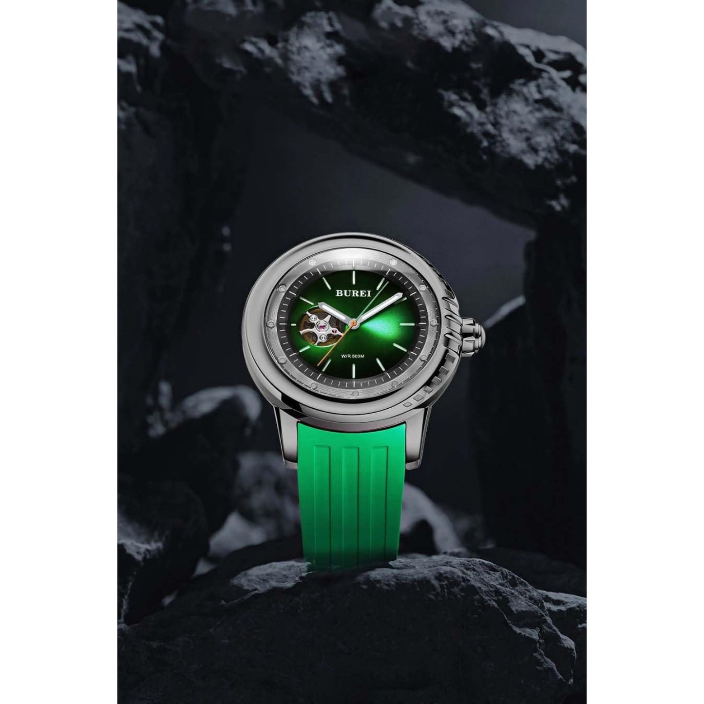BUREI Men's Diving Watch 500 Meters Waterproof Mechanical Watch Large Dial Fashion Men's Watches Titanium Steel Dial Silicone Strap Luminous Pointer