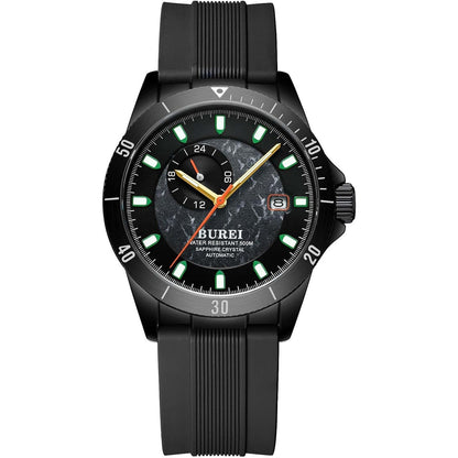 BUREI Men's Diving Watch 500 Meters Waterproof Mechanical Watch Large Dial Fashion Stainless Steel Watch Silicone Strap Luminous Pointer