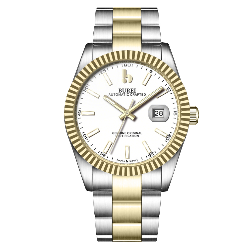 BUREI Men's Watch 41mm, Classic Stainless Steel, Waterproof Machine Watch with Date, Sapphire Crystal, Business Dress Wristwatch
