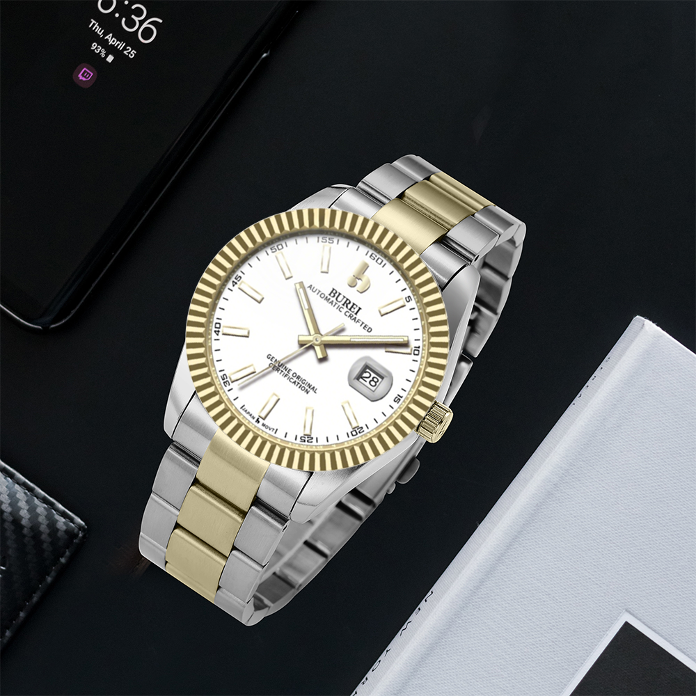 BUREI Men's Watch 41mm, Classic Stainless Steel, Waterproof Machine Watch with Date, Sapphire Crystal, Business Dress Wristwatch